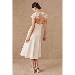 Amsale BHLDN Arcady V Neck Lace Shoulder Crepe Midi Dress - Size 8